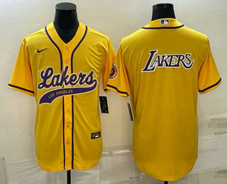 Men%27s Los Angeles Lakers Yellow Big Logo Cool Base Stitched Baseball Jerseys